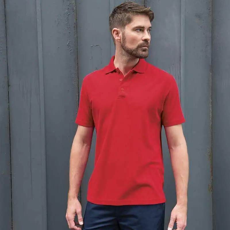 Men's red polo shirt, ideal for workwear uniforms and embroidered branding.