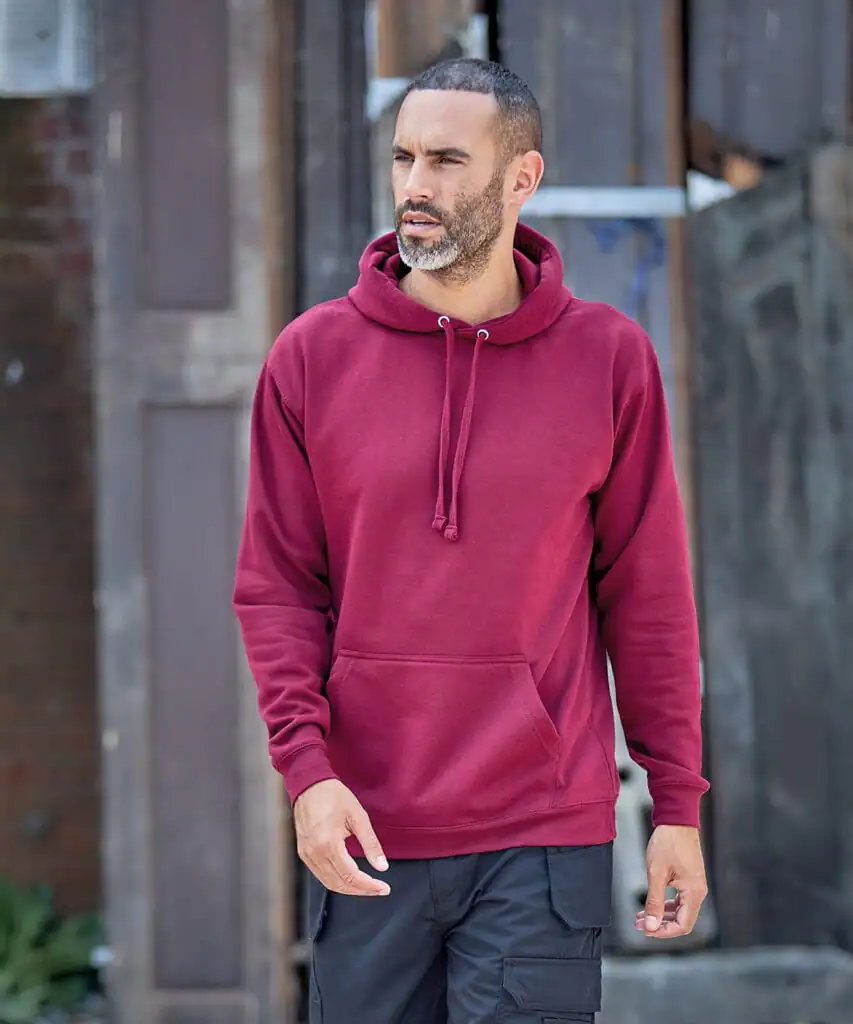 Men's burgundy embroidered hoodie for workwear and casual wear.